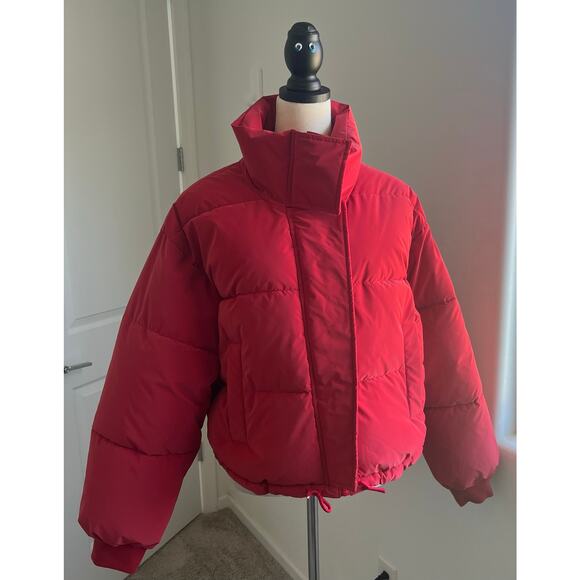 NWT GB Red Puffer Zip Front High Neckline Functional Pockets Cropped Jacket XL - Picture 1 of 13